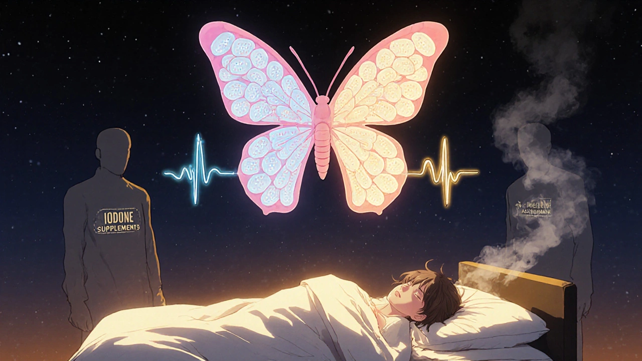 A butterfly-shaped thyroid gland with two contrasting wings, one synthetic and one natural, shedding energy scales while a person sleeps peacefully below.