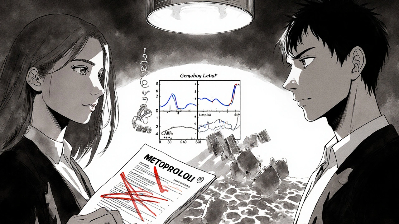 A dermatologist and cardiologist beside a patient, one crossing out a prescription, the other showing collapsing cAMP levels.