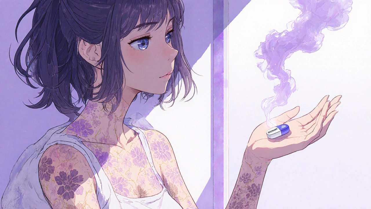 A woman under UV light, her healing skin forming floral patterns as a beta-blocker pill dissolves into smoke.