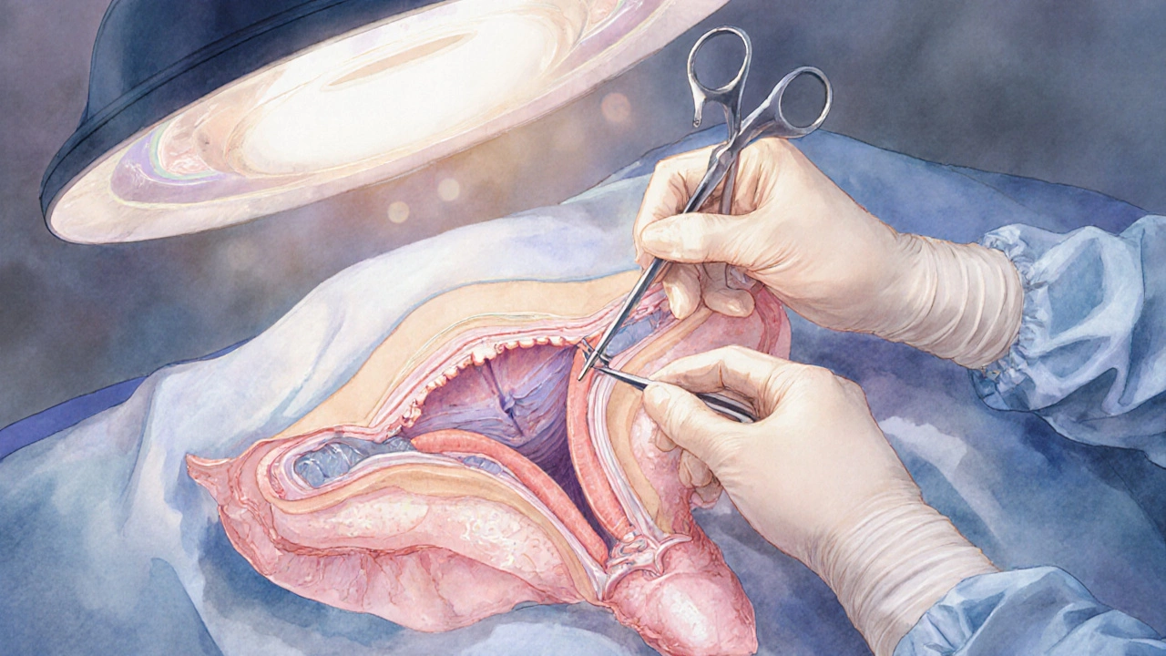 Artistic view of surgeon&#039;s hands performing delicate labiaplasty with translucent anatomy.