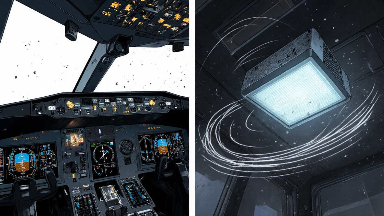Cabin interior with pressure, humidity, CO₂ gauges and HEPA filter in anime style.