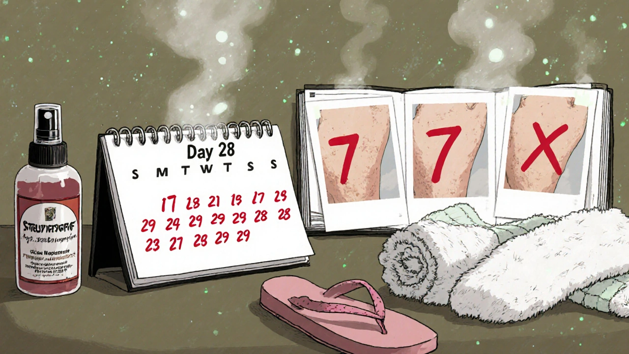 Calendar marked to day 28 with butenafine bottle and progress photos on bathroom counter.