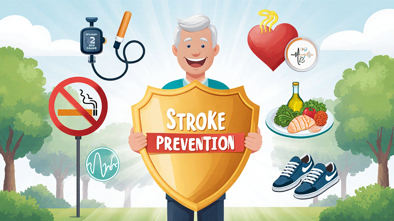 Cartoon adult with a shield surrounded by health icons for stroke prevention.