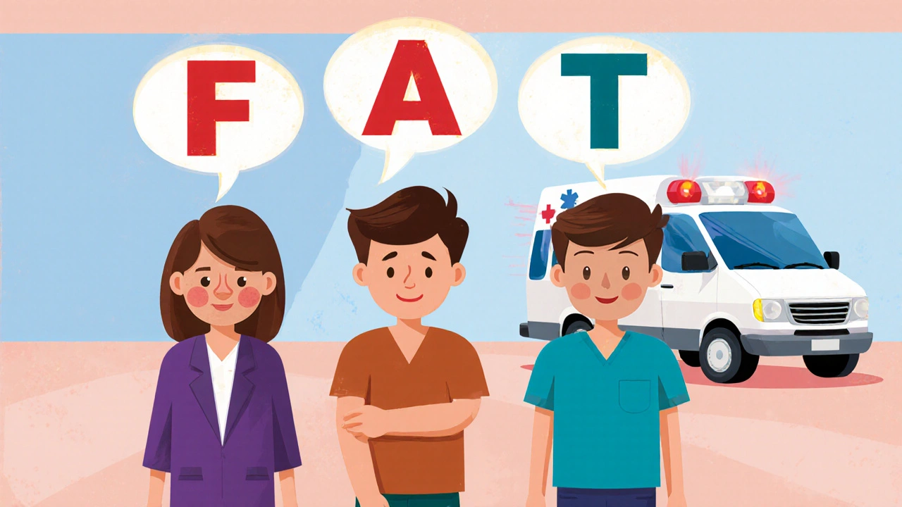 Cartoon characters illustrating FAST stroke signs with letters F A S T.