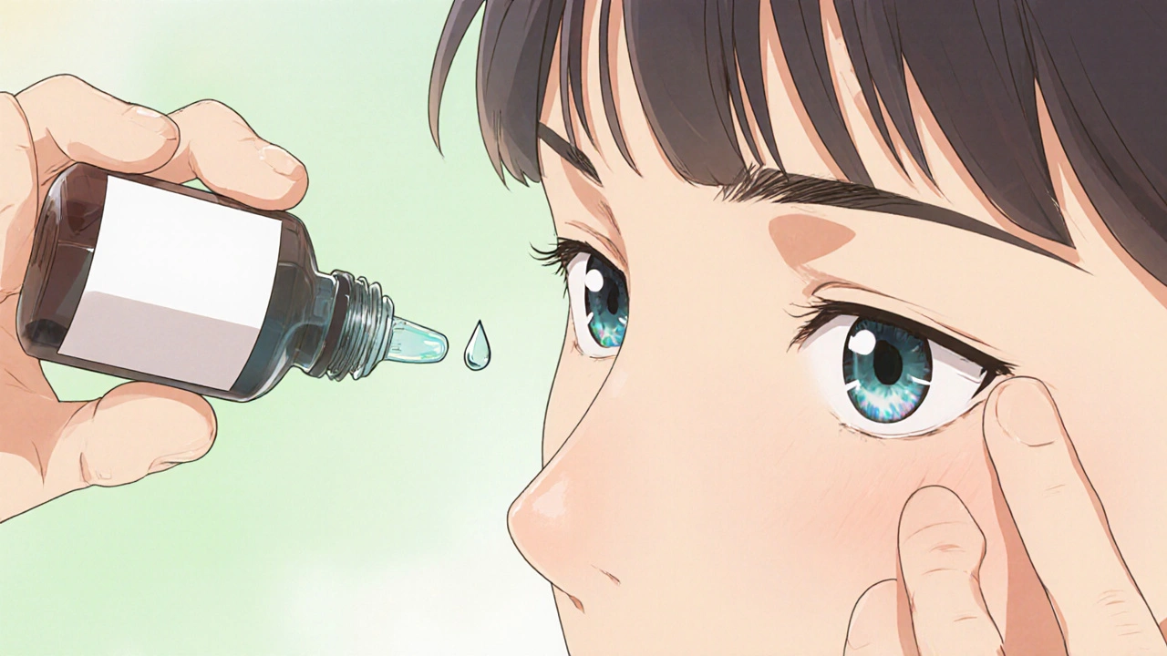 Close‑up of a face tilting back, lower eyelid pulled down, and a drop about to fall into the eye.