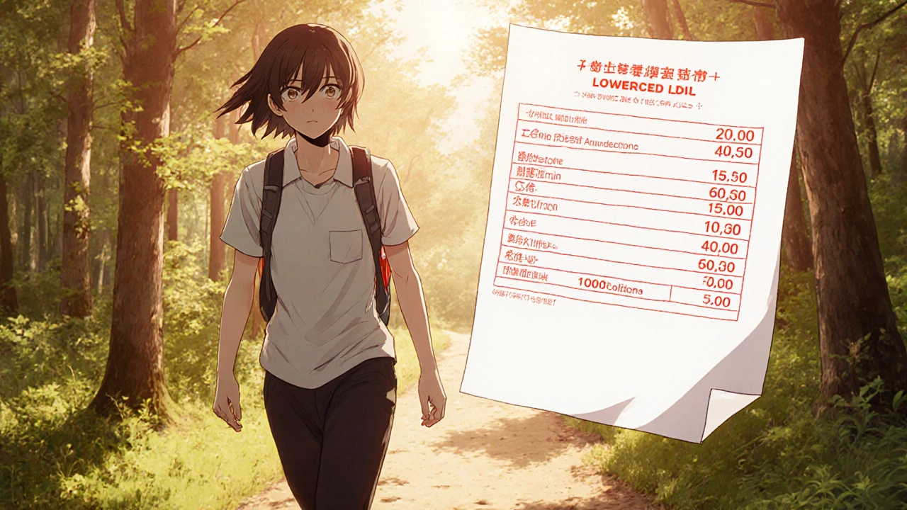 Confident individual walking on a trail, with floating lab results showing lowered LDL and a bright forest background.