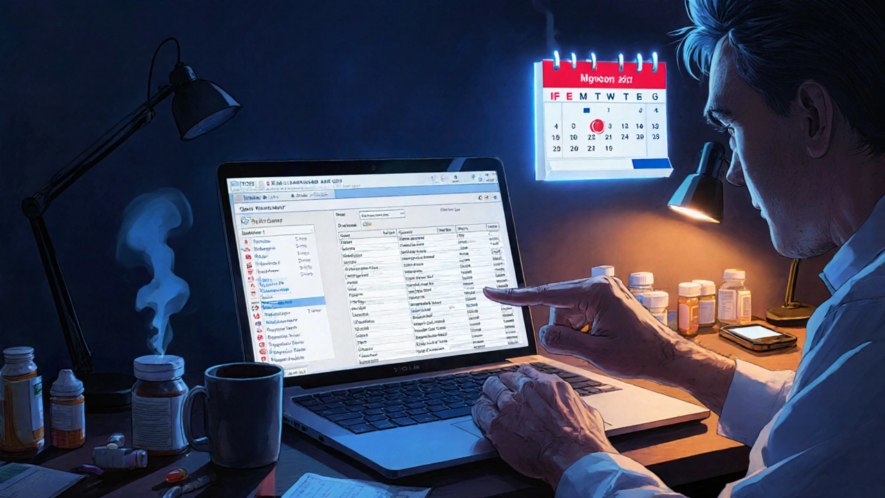 Desk scene with laptop showing a formulary PDF and calendar reminder.