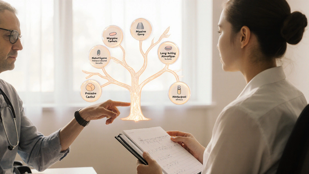 Doctor and patient discussing treatment options, with floating branches showing different migraine medication symbols.