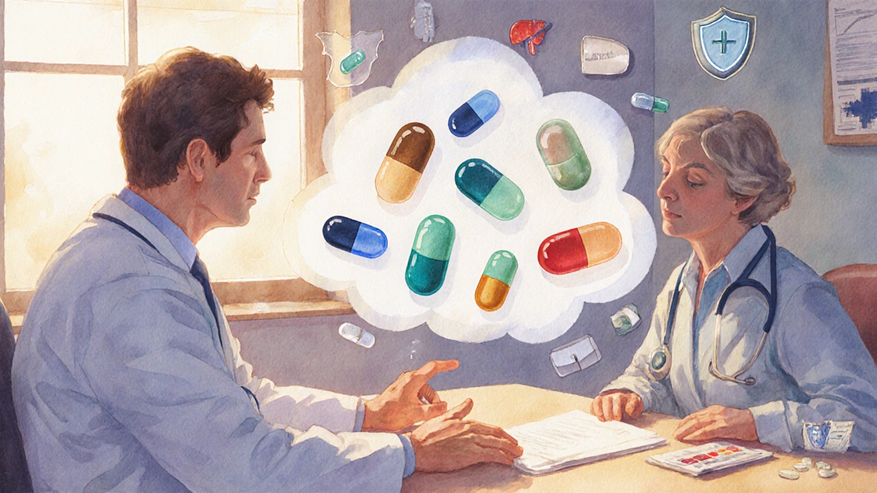 Doctor and patient discussing treatment surrounded by floating watercolor pill icons and safety symbols.