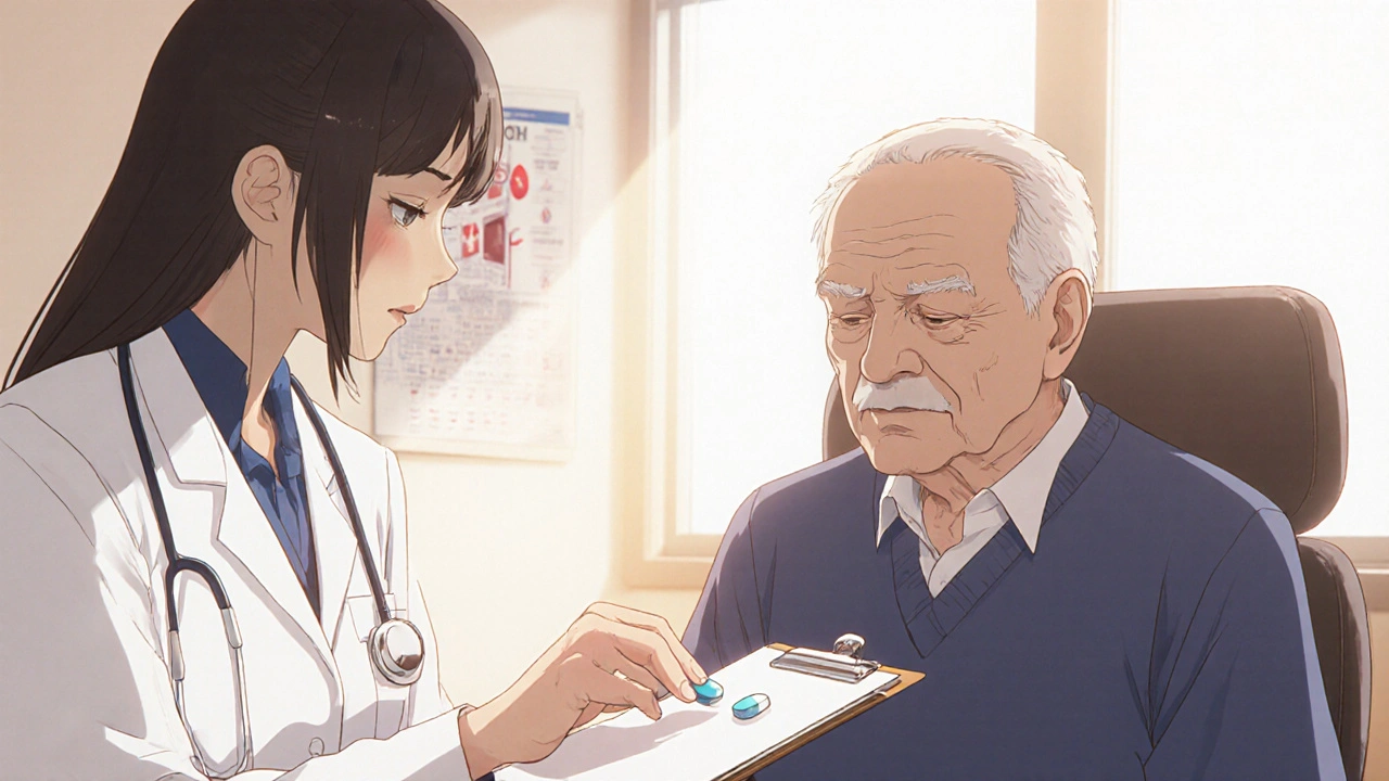 Elderly patient and doctor discussing treatment, doctor holding a Glycomet SR tablet.