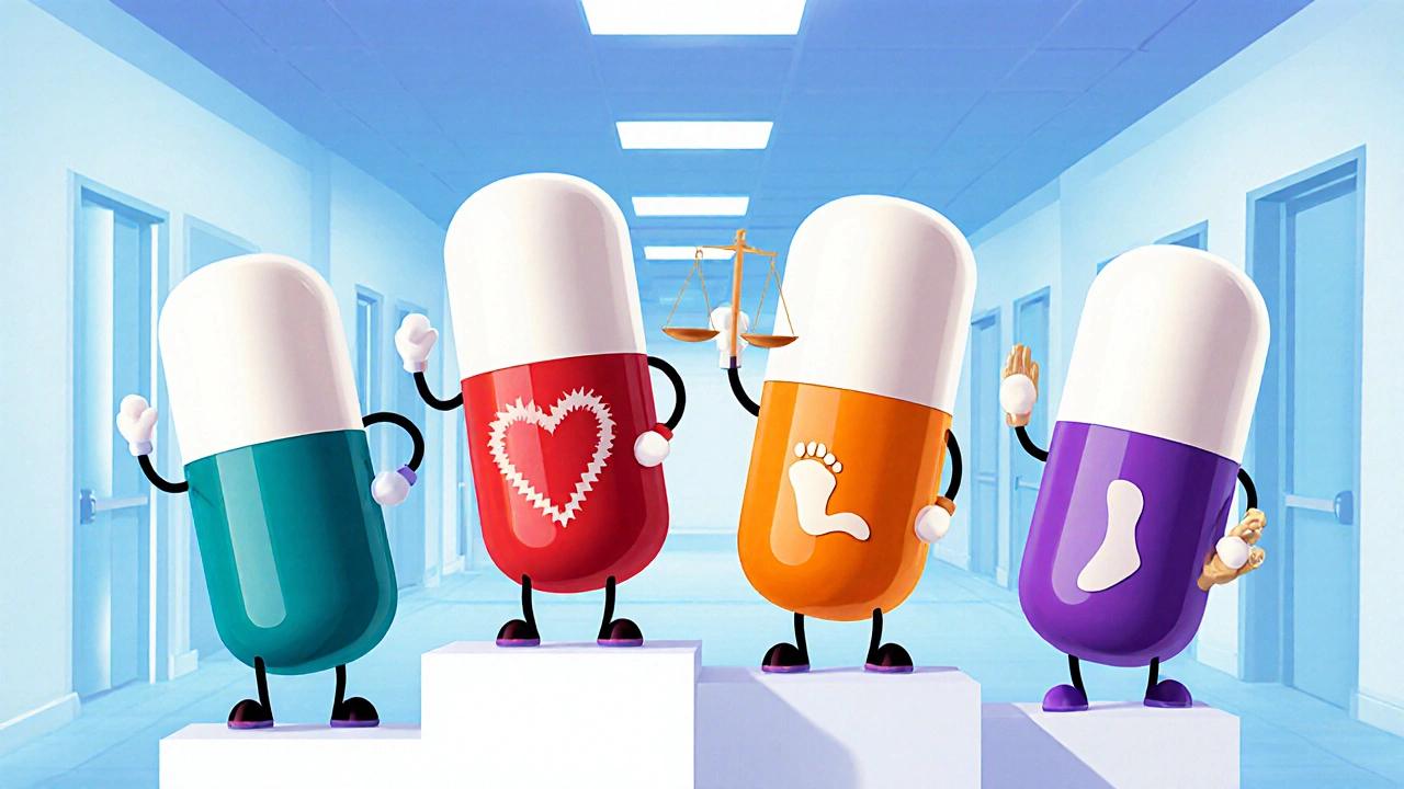 Four cartoon pill heroes representing different SGLT2 inhibitors on a podium.