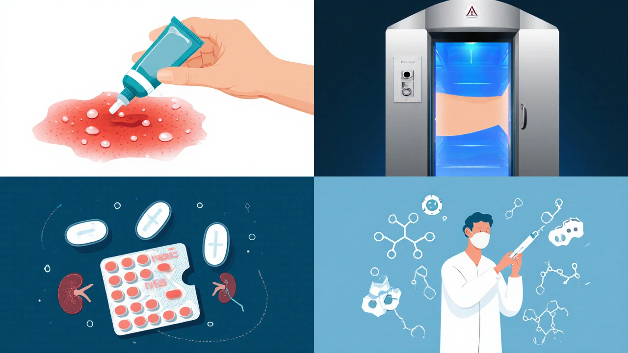 Four-panel illustration of cream, UVB booth, oral pills, and biologic injection.
