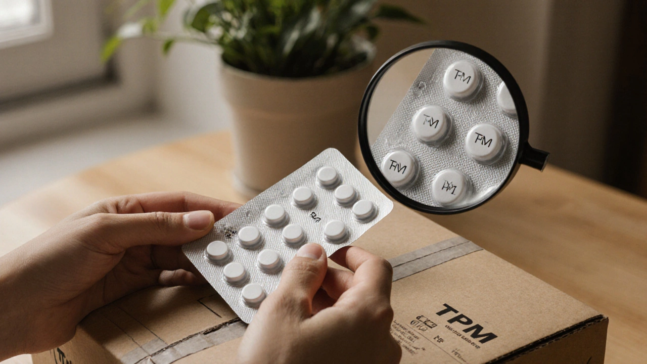 Hands opening a package to reveal genuine white tablets with TPM imprint.
