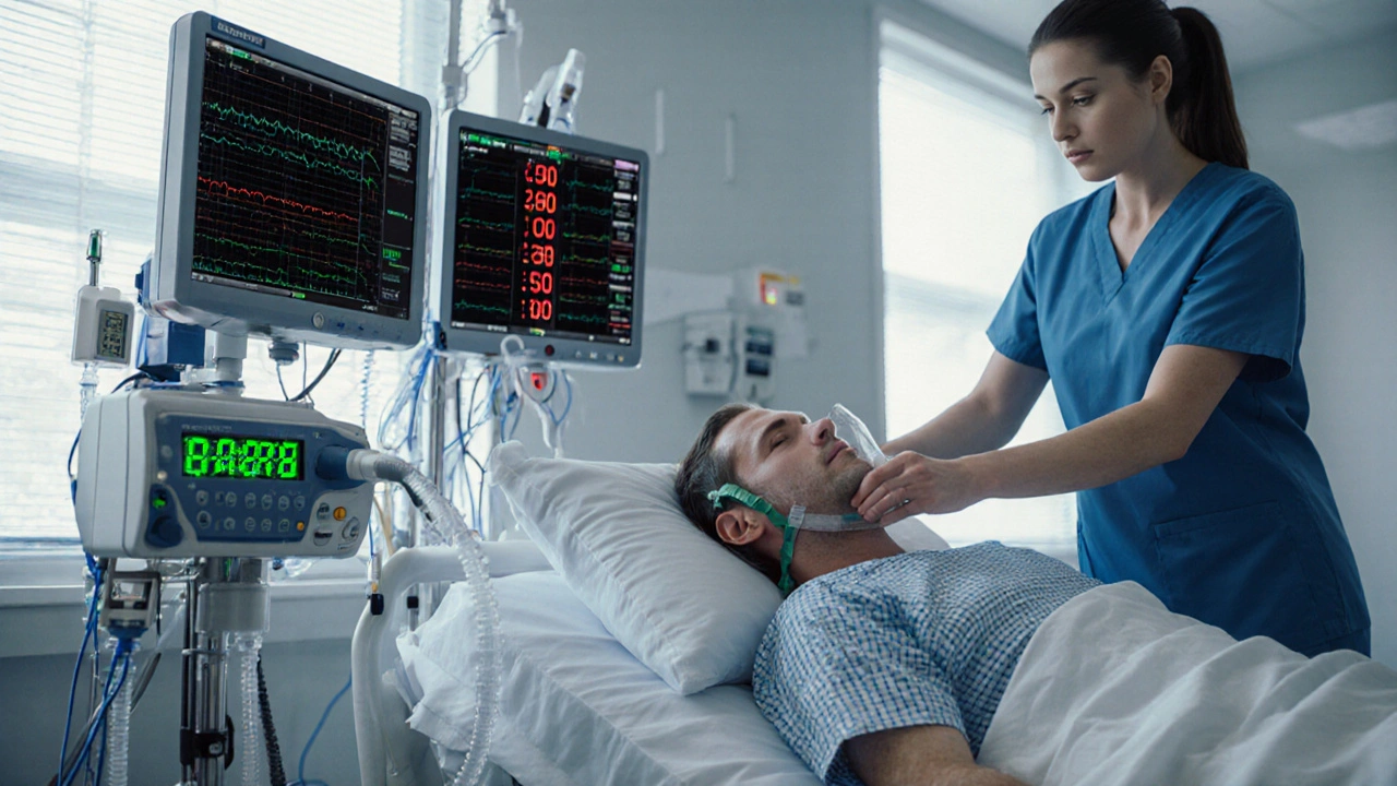 ICU scene with nurse adjusting heparin drip for a COVID patient and D‑dimer monitor.