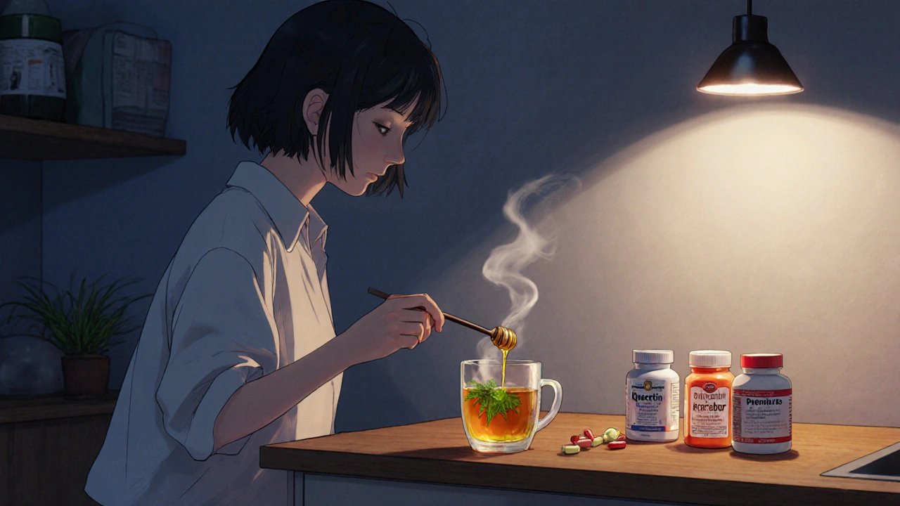 Individual in kitchen preparing tea, honey, and supplement capsules for allergy relief.