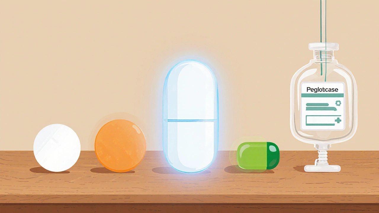Lineup of gout medicines with Benemid tablet highlighted in the center.