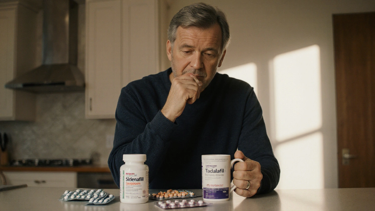Man in his 40s at a kitchen table surrounded by different ED medication bottles, appearing thoughtful.