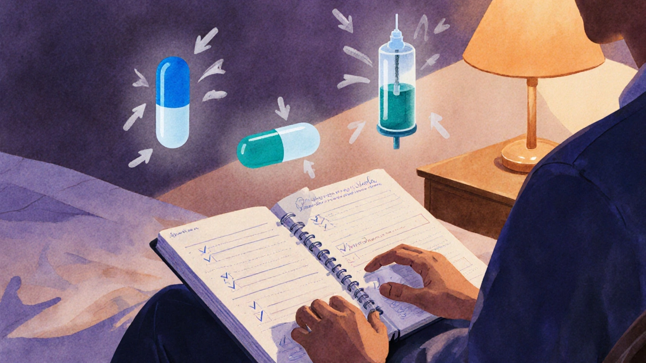 Man writing in a notebook with faint pill and device icons above.