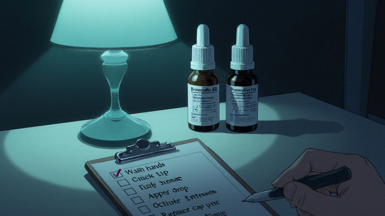 Nightstand with eye‑drop bottles, checklist, and lamp, showing proper storage and routine.