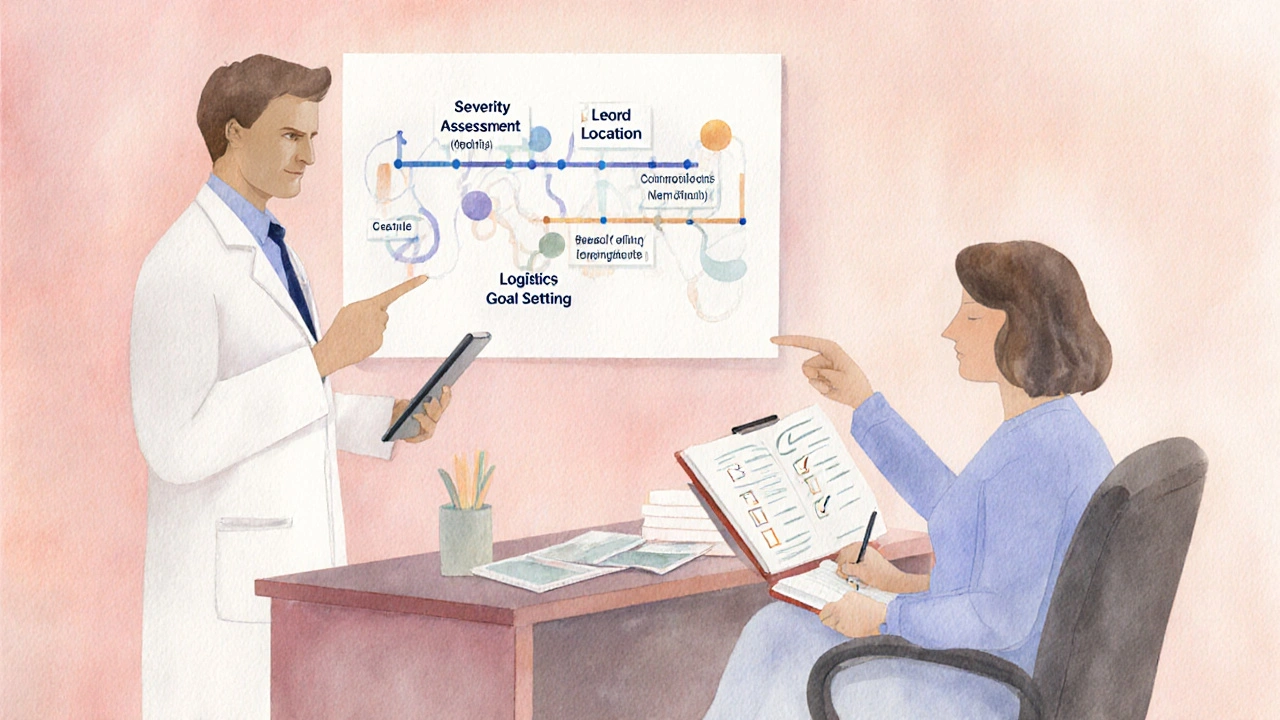 Patient and dermatologist discussing treatment plan with checklist in cozy office.