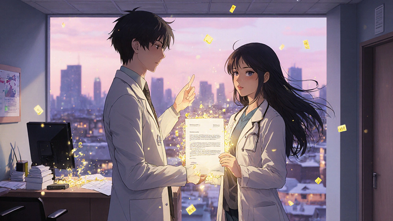 Patient and doctor holding a glowing approval letter in a hospital hallway.