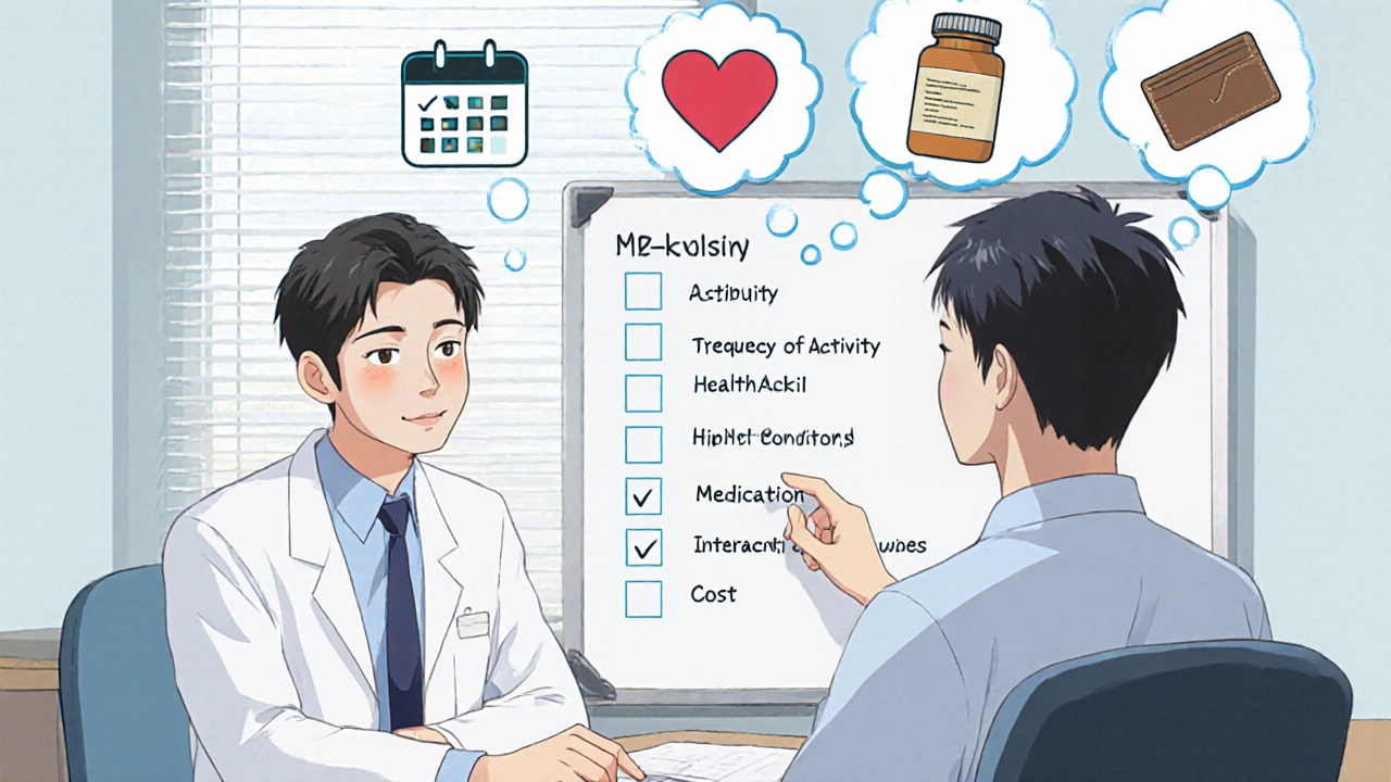 Patient consulting doctor, with thought bubbles showing schedule, health, cost, and medication.