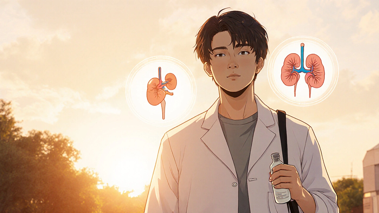 Patient walking at sunrise with heart and kidney aura, holding sitagliptin‑metformin bottle.