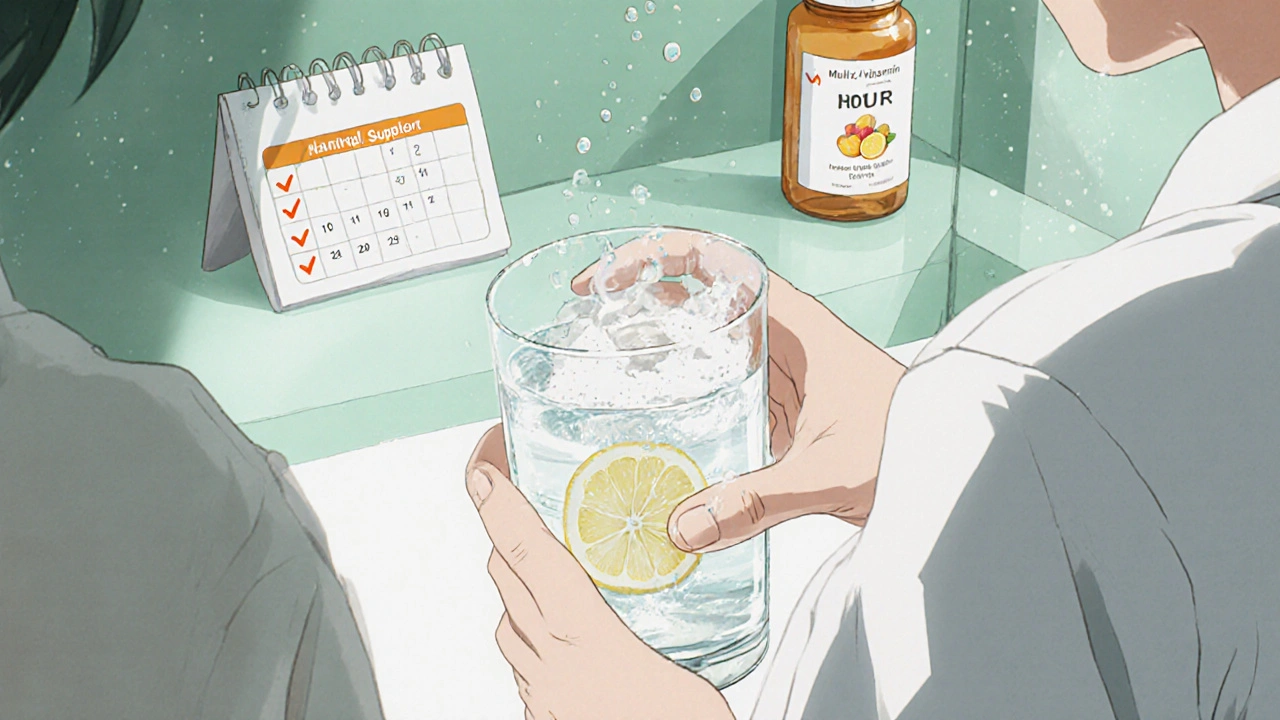 Person mixing Cholestyramine powder into lemon water in bathroom, with calendar, vitamins, and fiber supplements nearby.