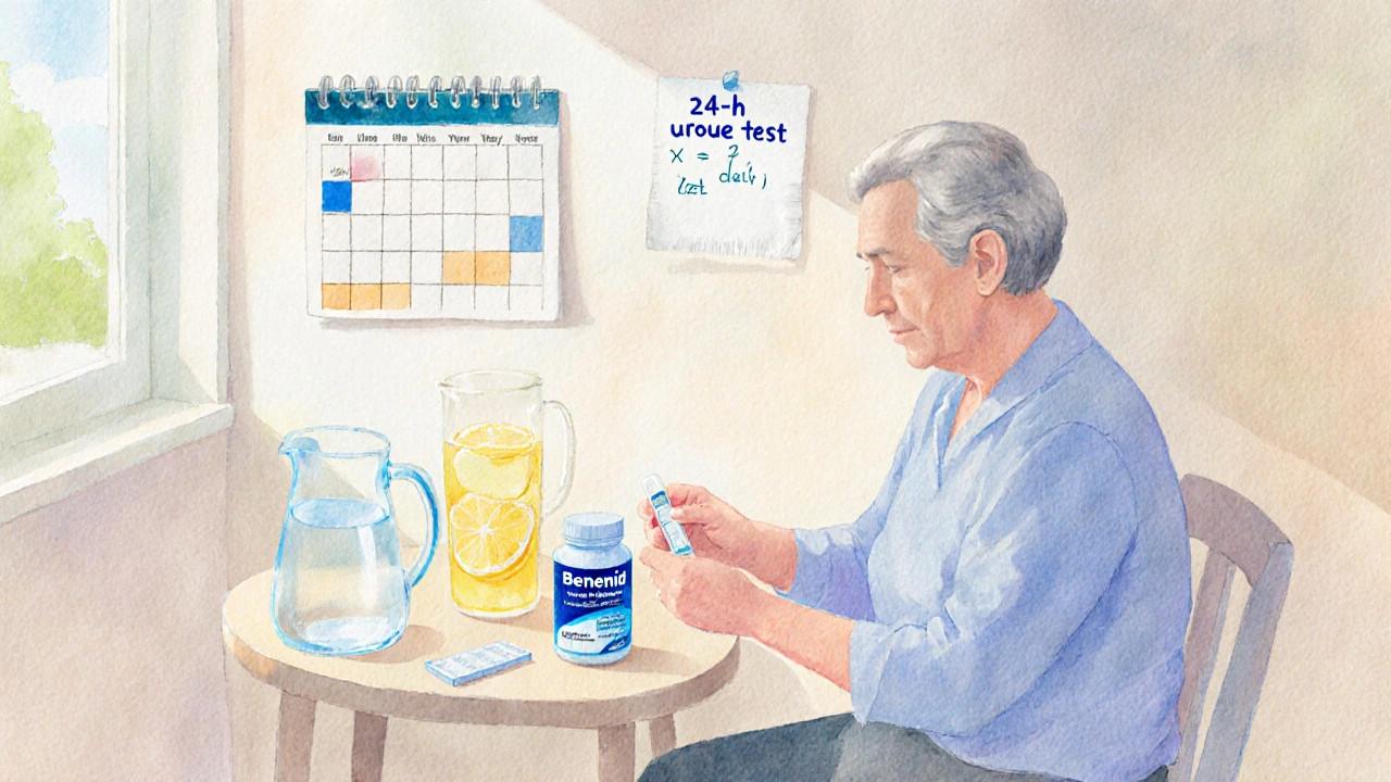 Person taking Benemid pills, drinking water, holding urine test strip in a kitchen.