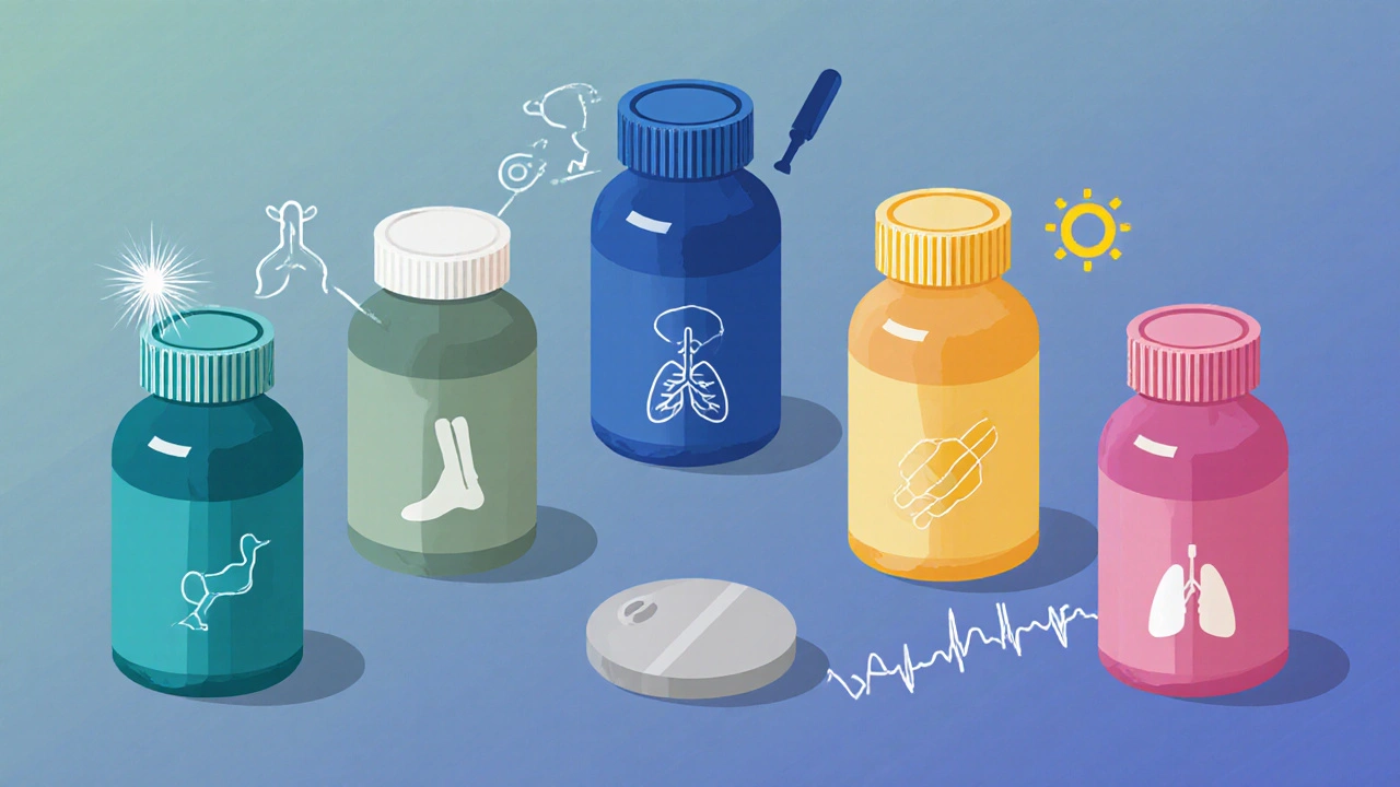 Seven colored pill bottles with visual icons indicating each drug's side effects.