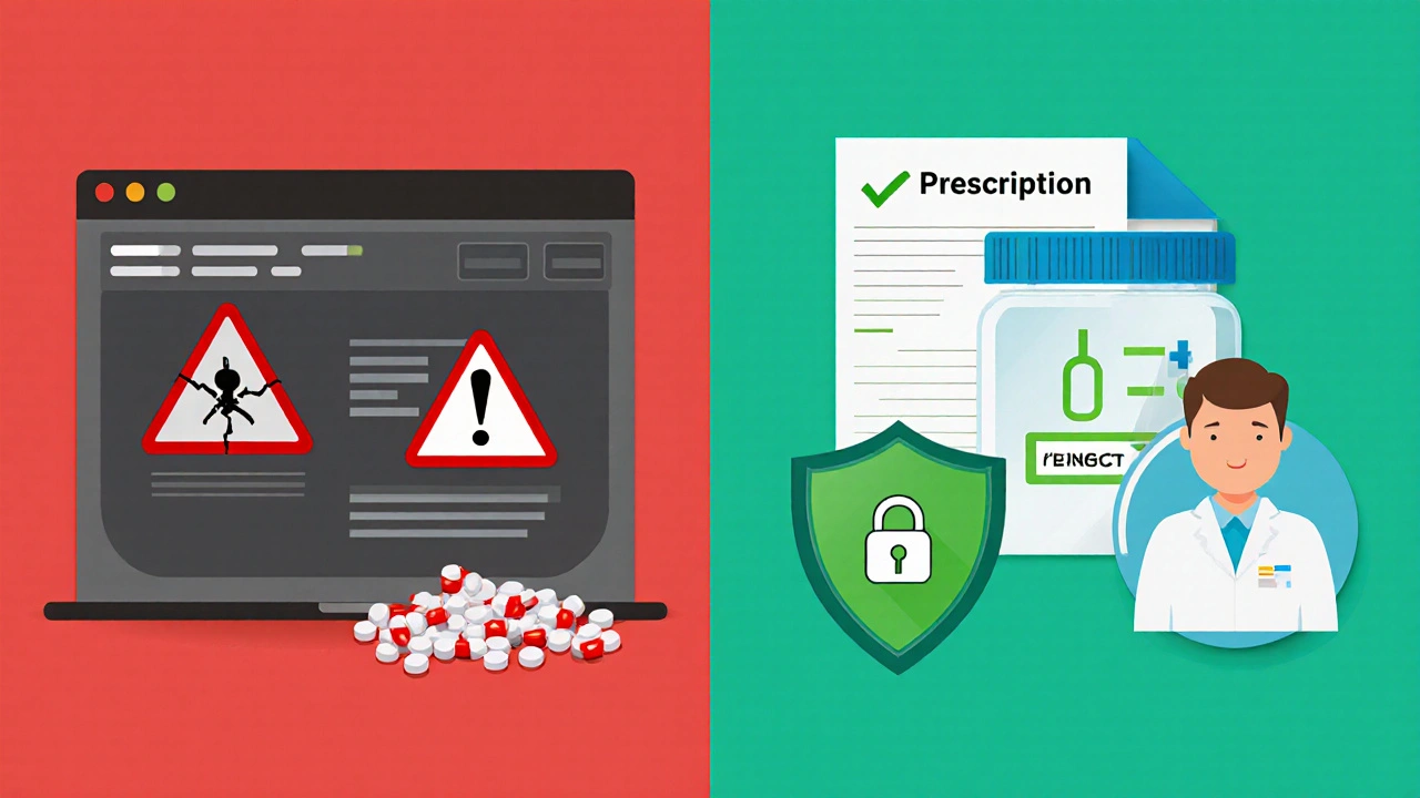 Side‑by‑side visual of safe vs. unsafe online pharmacy icons.