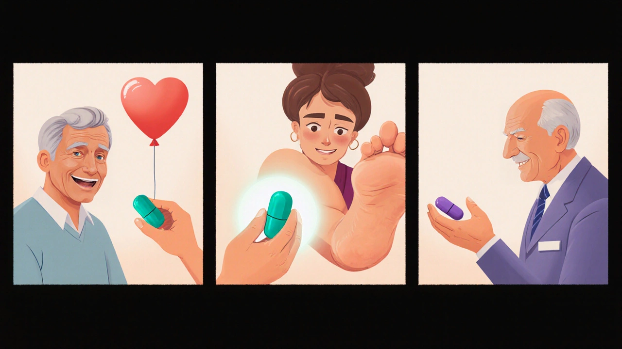 Split scene of three patients with heart, kidney, and foot concerns consulting a pharmacist.