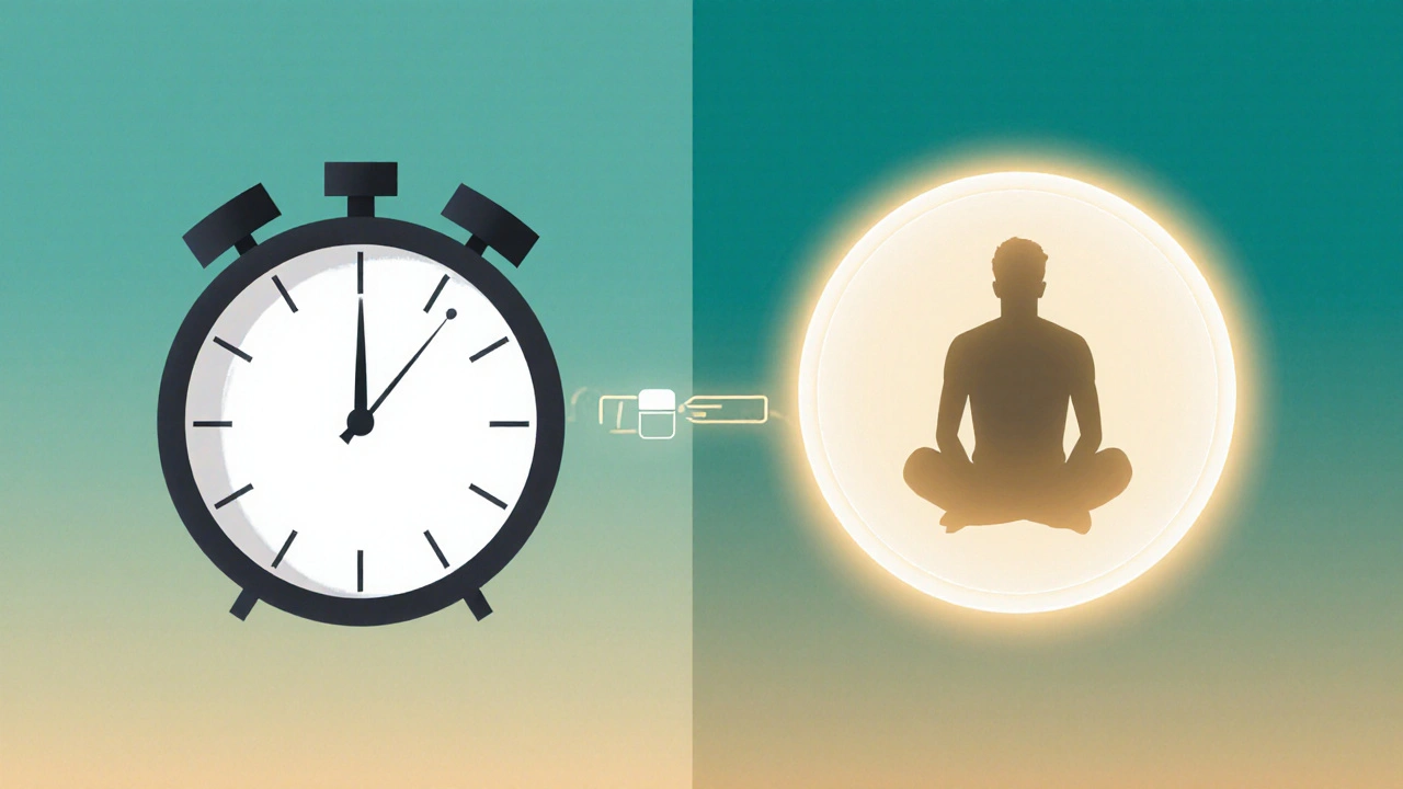 Split-screen illustration showing a 15‑minute onset clock and a 36‑hour duration halo over a man&#039;s silhouette.