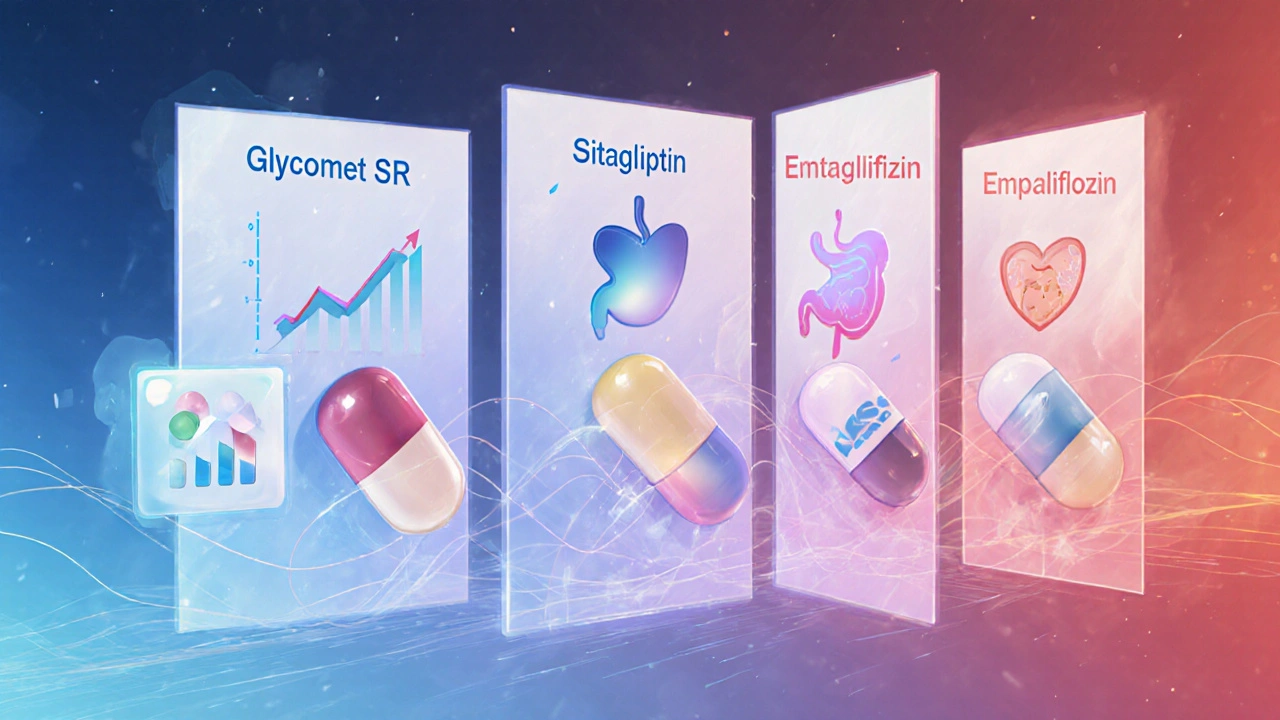 Split-screen showing three pills with icons for efficacy, GI tolerance, and heart benefit.