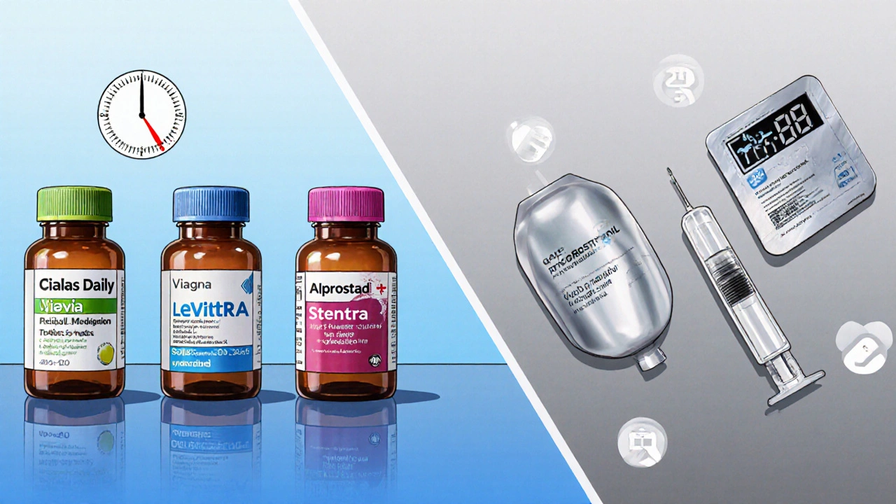 Split view of oral pills versus injection, suppository, and vacuum device for ED treatment.