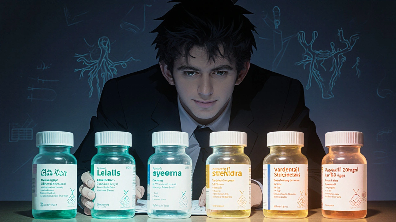 Study table with five ED medication bottles glowing, man examining them with a notebook.