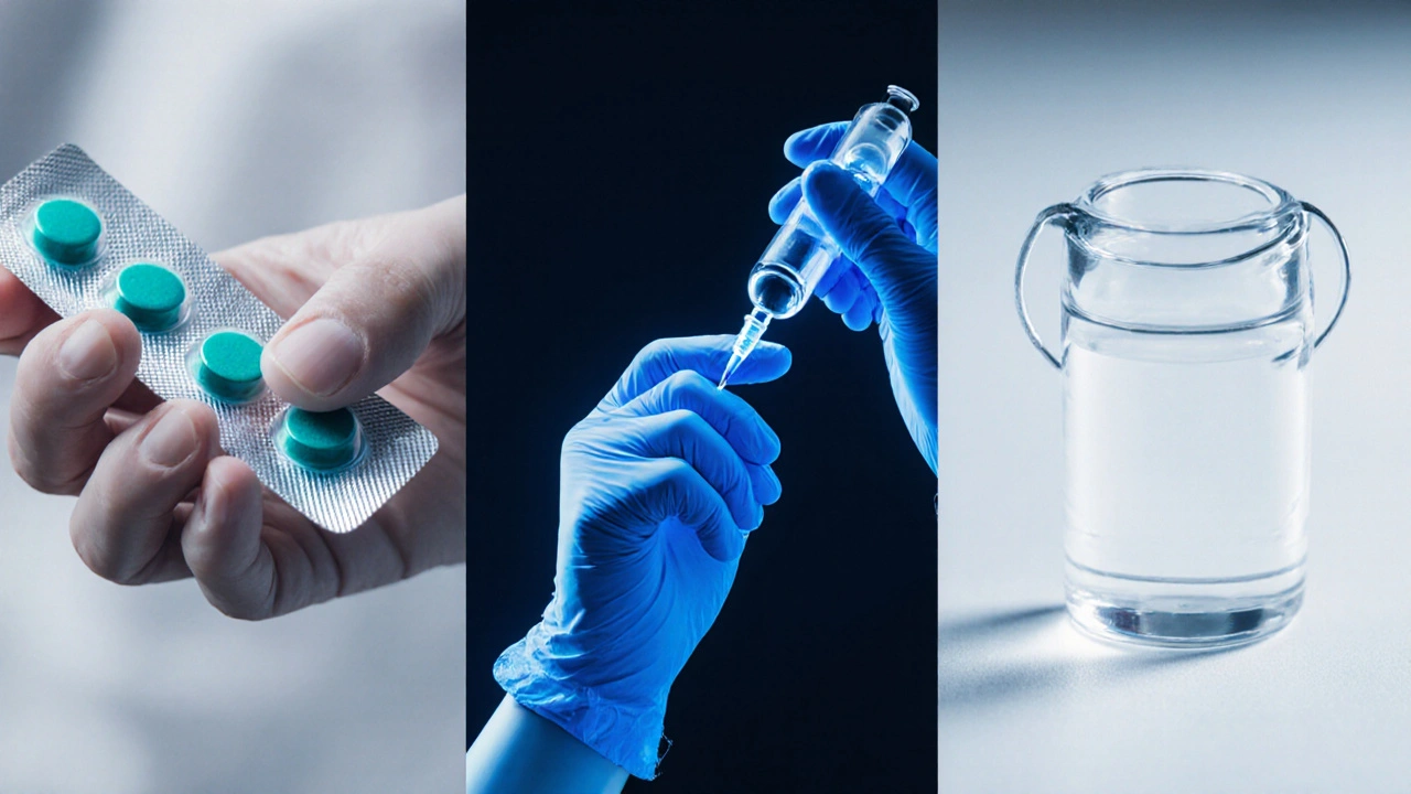 Three panels: avanafil tablets, alprostadil injection, and vacuum device.
