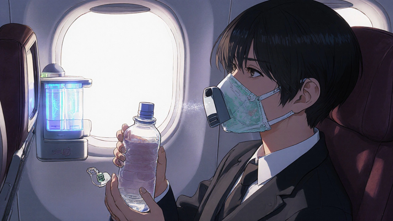 Traveler using water, nasal spray, inhaler, and mask before flight in anime style.