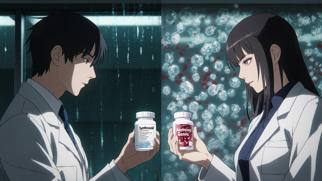 Two hands exchanging a pill bottle, with molecular differences visible in a translucent split-screen under dim hospital lighting.