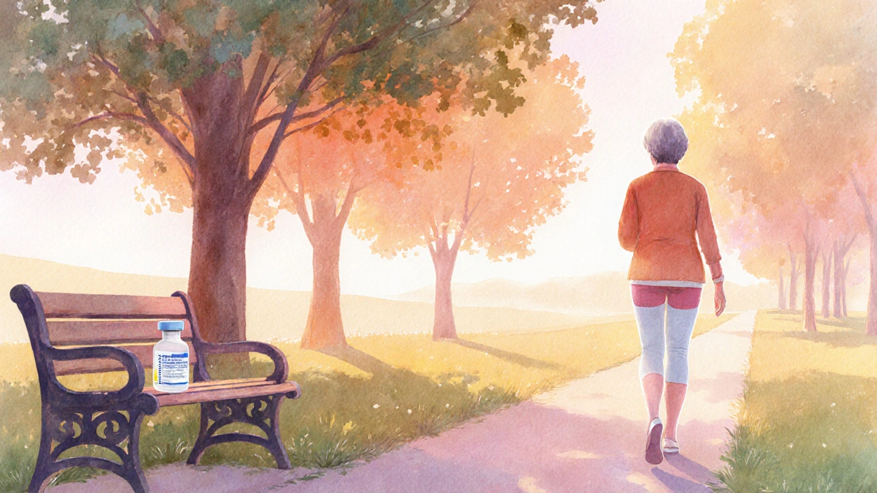 Woman walking with compression stockings under a sunset, symbolizing post‑COVID clot prevention.
