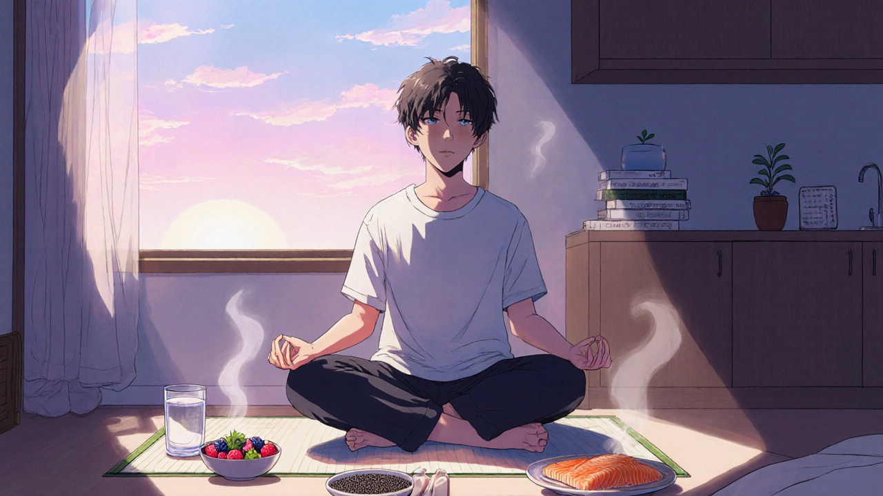 Young adult meditating beside a healthy meal, representing anti‑inflammatory lifestyle.