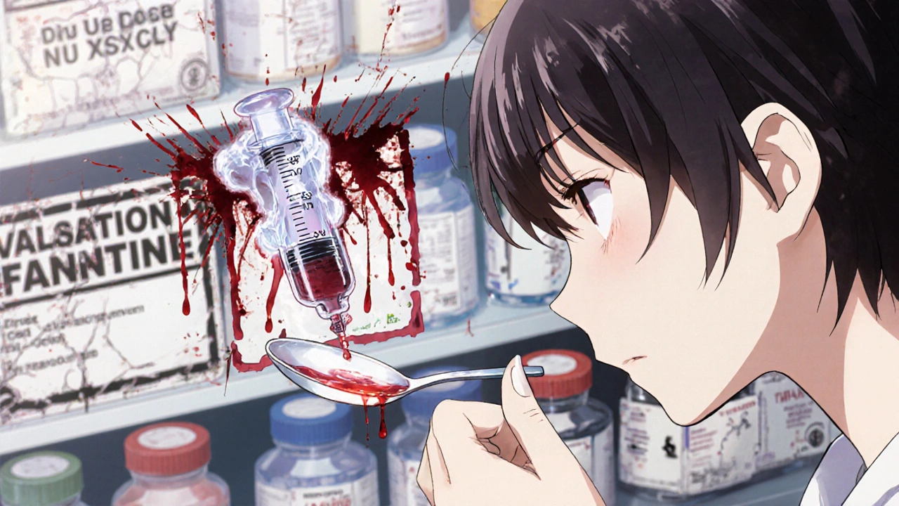 A child&#039;s hand holds a spoon with medicine, while a ghostly syringe drips red droplets nearby.