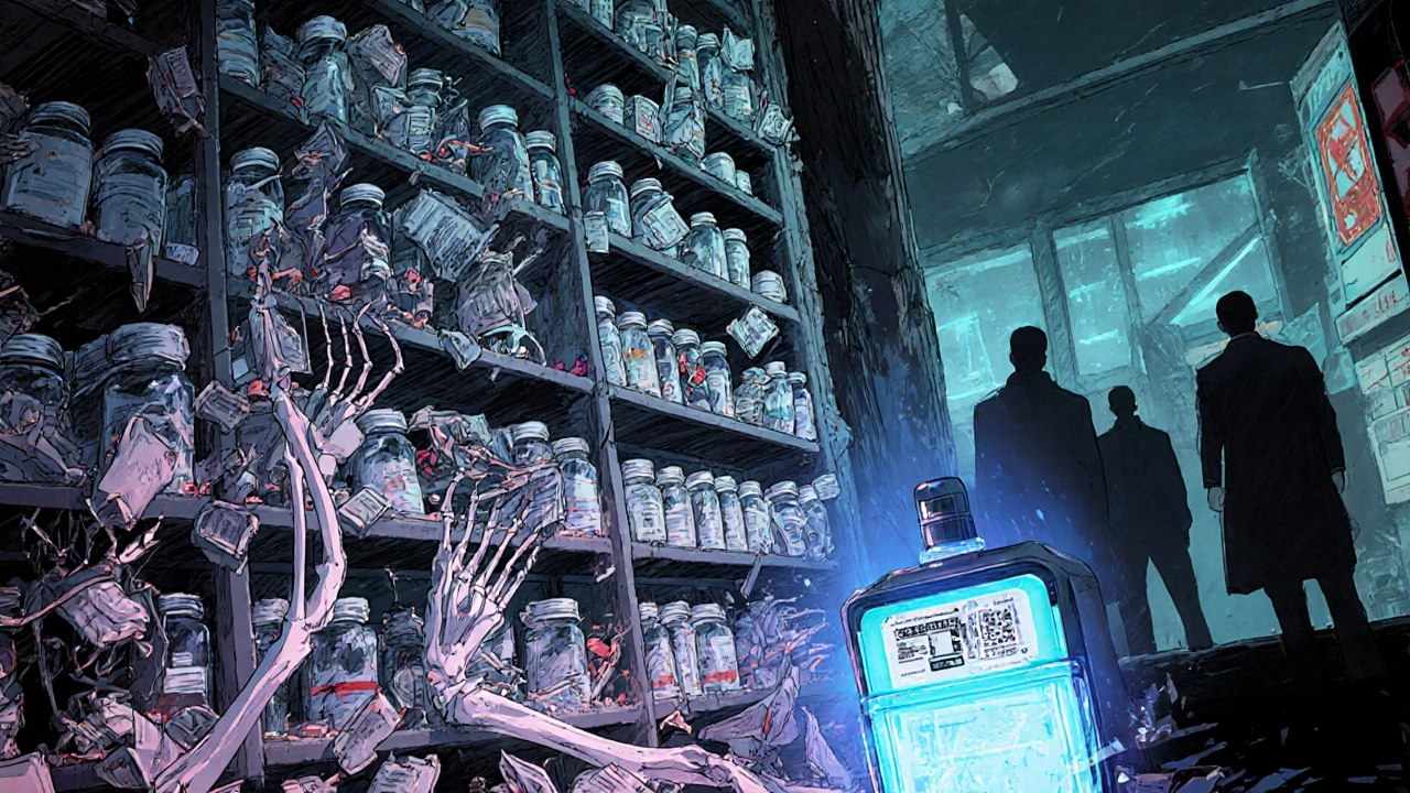 A crumbling pharmacy shelf with counterfeit drugs dissolving into skeletal hands.