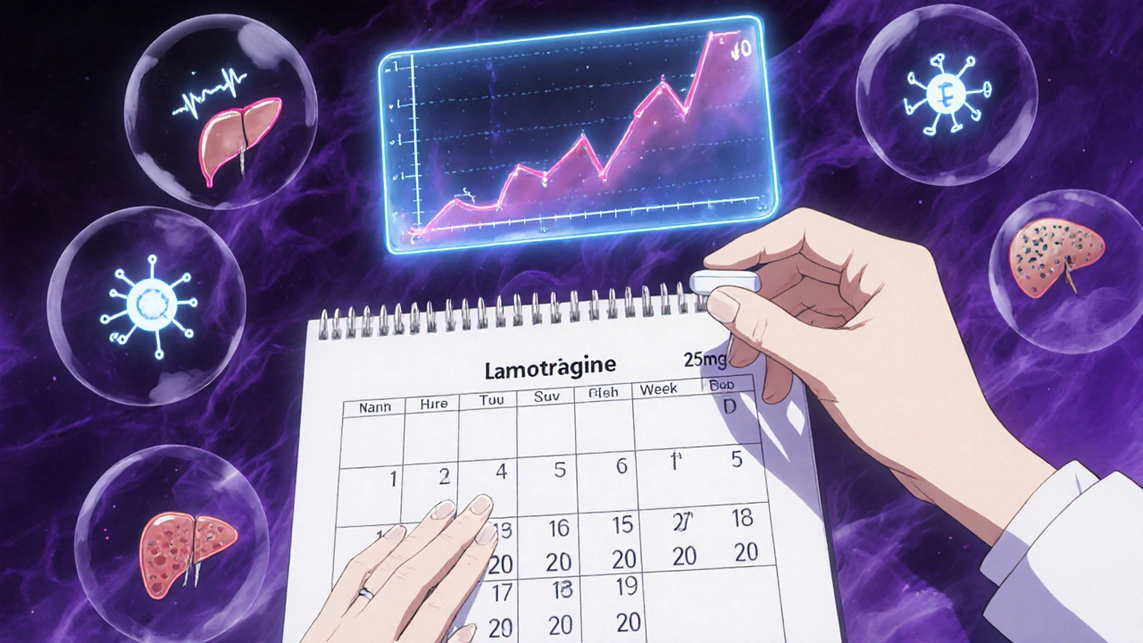 A doctor placing a single lamotrigine pill on a calendar with two-week intervals, showing slow dose titration.