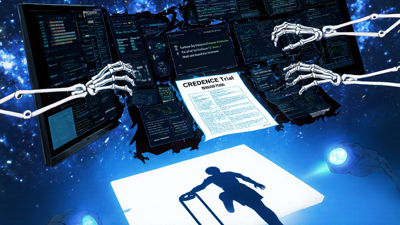 A fractured medical dashboard with data streams and a report revealing a link between a drug and limb amputation.