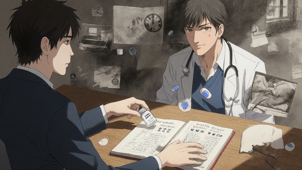 A man and doctor at a table with a comparison journal, translucent memories fading behind them in soft anime ink style.