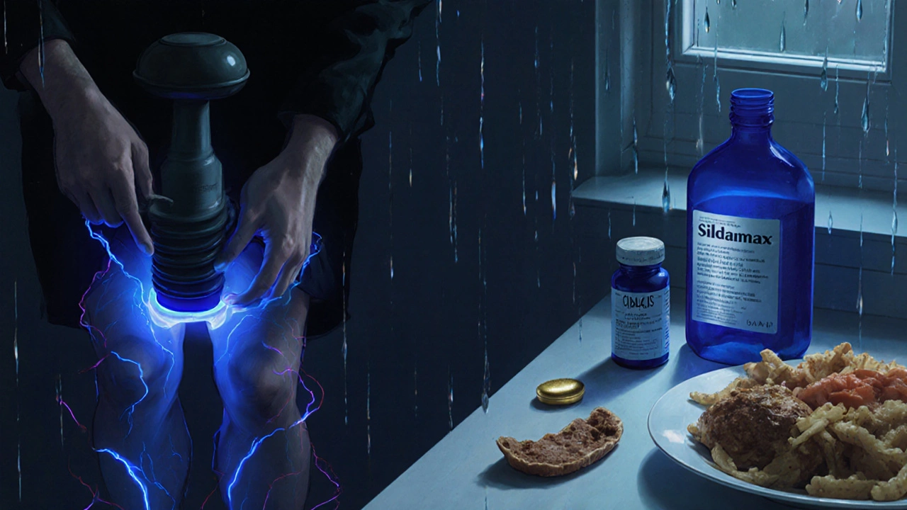 A man uses a penile pump as shadowy blood flows around him, with Sildamax and Cialis tablets glowing on the counter.