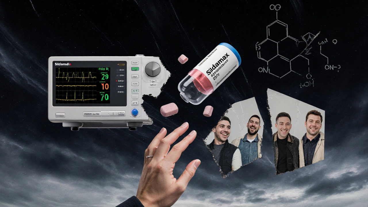 A medical collage of heart monitor, blood test, and injection vial with fragmented Sildamax tablet turning into emotional figures.