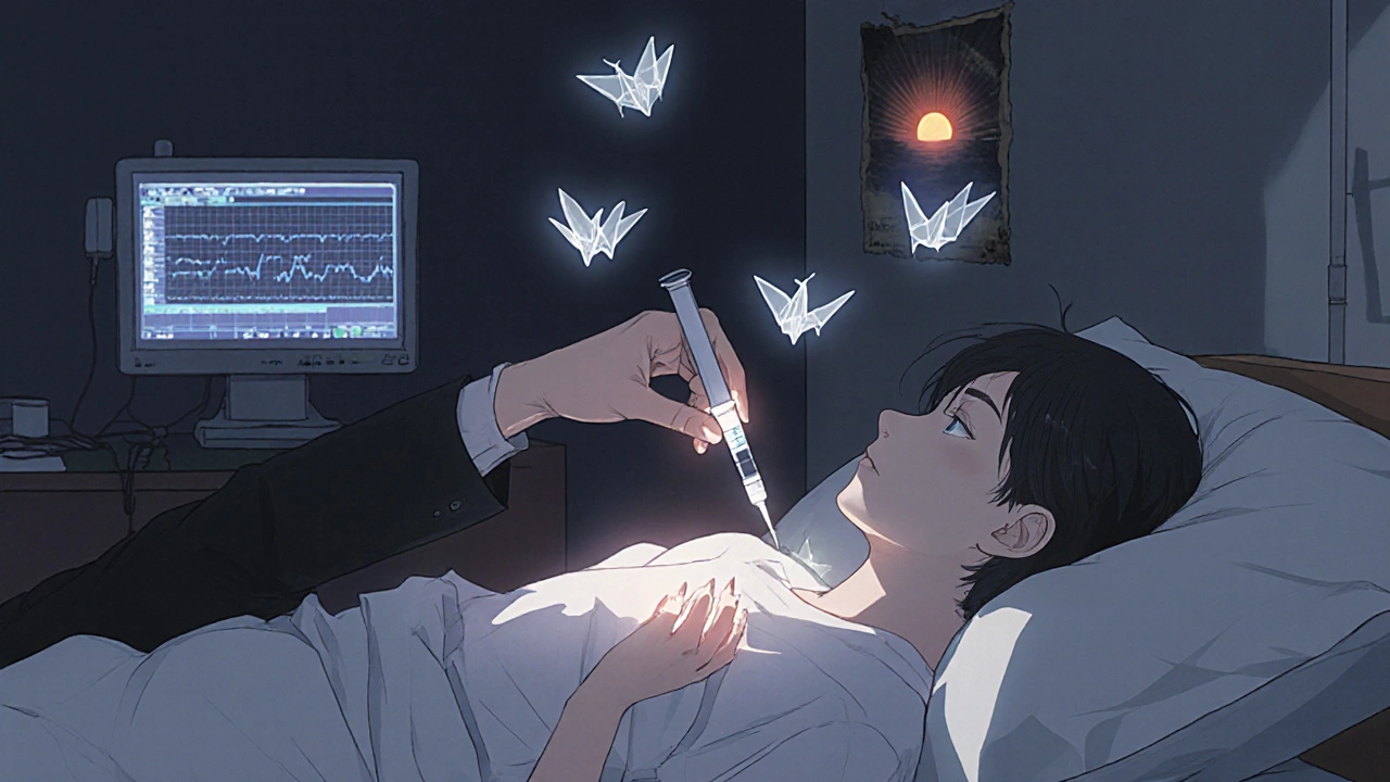 A naloxone injector beside a sleeping person, ghostly breaths fading like paper cranes, under dim moonlight and a sunrise poster.