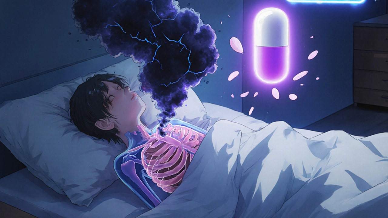 A patient at night with a cough represented as dark cracks in the air, dissolving into petals from a glowing ARB pill.